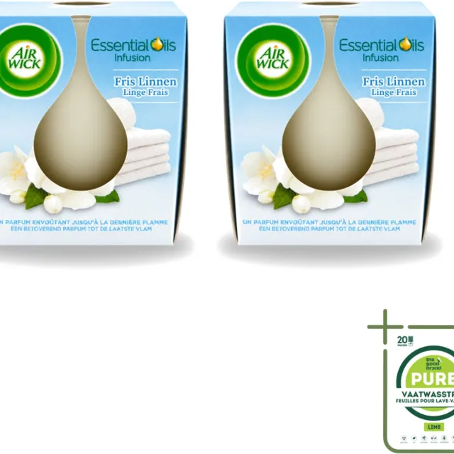 Air Wick 2 x Air Wick – Geurkaars – Fris Linnen met Essentiële Oliën – 105 g - Grootverpakking - Vaatwasstrips - Geurkaars - Fris Linnen - Essentiële Oliën - Sfeer In Huis - Warme Sfeer Wit