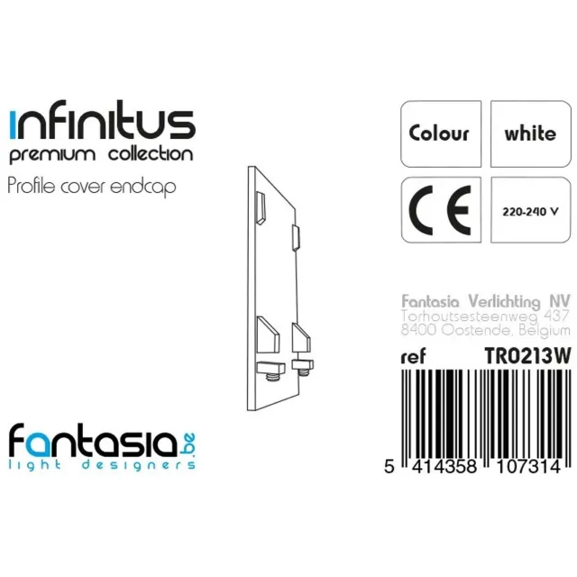 Fantasia Infinitus eindkap voor ledprofielsysteem, wit - dekt de open zijkant van het aluminium profiel netjes af, onderdeel van de Infinitus profielreeks.