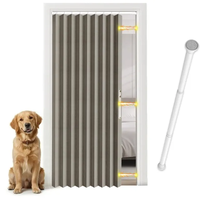 Famanu Magnetisch gordijn voor deuren, ondoorzichtig en zonder boren, inclusief telescoopstang, 1 stuk, grijs, afmetingen 198 x 106 cm, voor slaapkamer en gang