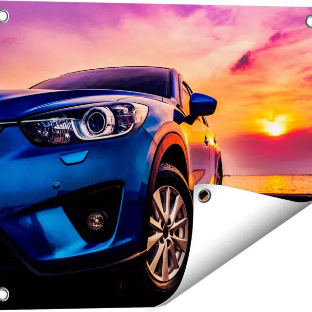 Gards Tuinposter Blauwe Sportwagen Auto bij Zonsondergang - 50x40 cm - Tuindoek - Tuindecoratie - Wanddecoratie buiten - Tuinschilderij