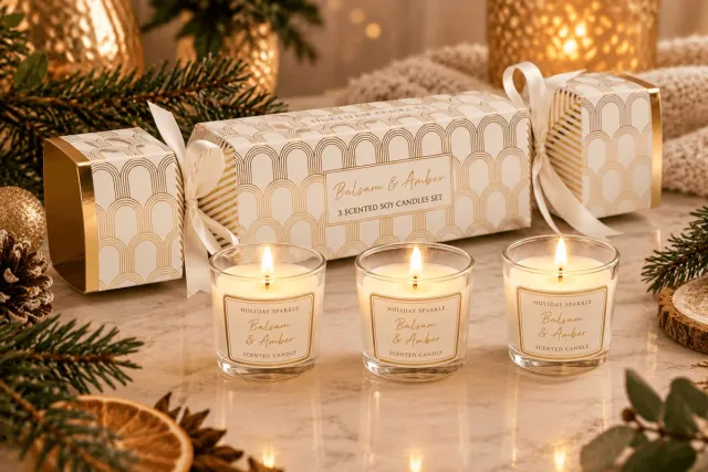 DSB Balsam & Amber Cracker Giftset – 3 Luxe Sojakaarsen – Handgegoten & Natuurlijke Geurcadeaus wit/goud