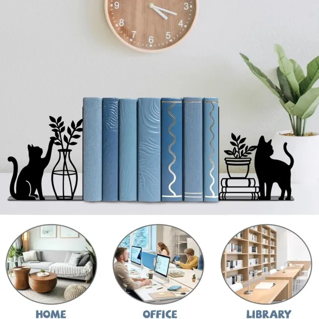 kelav Metallen boekenstandaard met kattenmotief, decoratieve zwarte boekensteun voor zware boeken, antislip T-vorm voor boekenkast, bureau en thuis, cadeau voor boekenliefhebbers