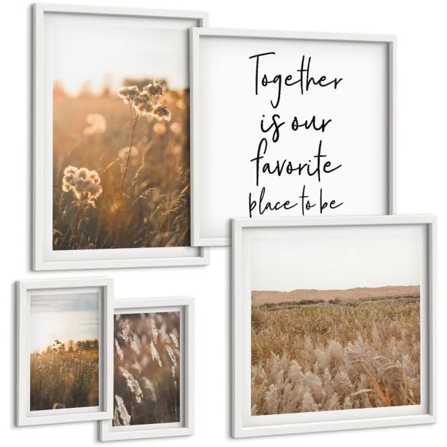 Coloray 5-Delige Schilderij Set - Natuurlijke Landschappen Met Bloemen En Inspirerende Spreuken. - 50 x 50 cm, 20 x 30 cm En 40 x 60 cm - Muurdecoratie - Decoratieve Schilderijen - Wohnzimmer - Stijlvolle Muurdecoratie Witte lijst