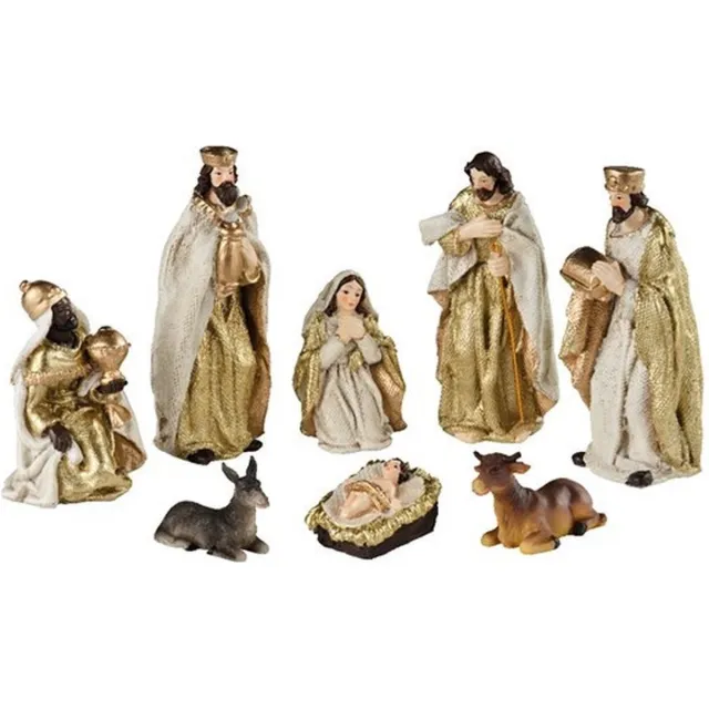 Decoris Kerststal beelden - 8x st - wit/goud - 12 cm - polystone - kerstbeelden - kerststal figuren Multi