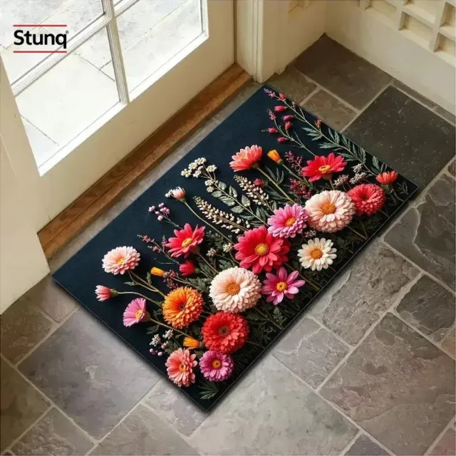 Stunq 3D bloemendeurmat met antislip - 60x40 cm Zwart