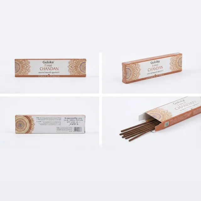 Goloka Forest Chandan Wierook – 12 X 15g Natuurlijke Masala Agarbatti – Ayurvedische Geur voor Ontspanning en Meditatie Premium Ayurvedische Wierookstokjes voor Rust en Reiniging Met Kajal Sticker Bruin