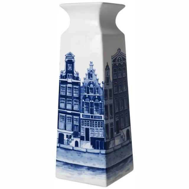 Heinen Delfts Blauw Vaas Vierkant - Huisjes - Keramiek - 22 cm Wit