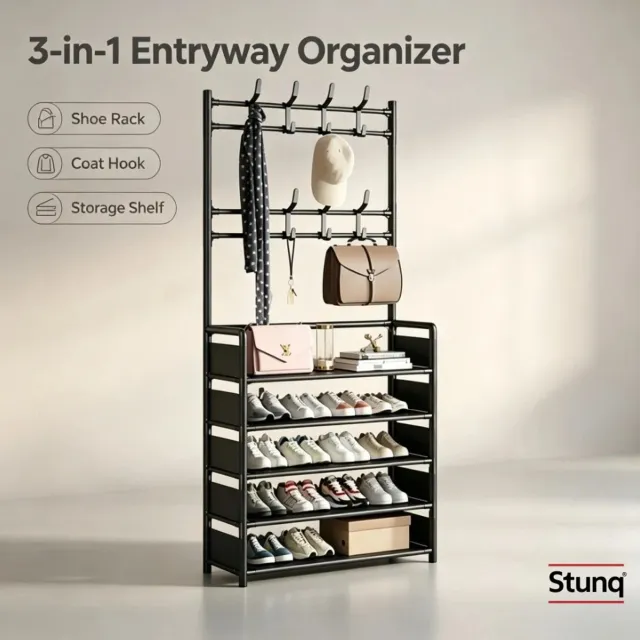 Stunq 3-in-1 Kapstok met Schoenenrek en Opbergplank – Zwart Staal – 60 cm – 4 Lagen