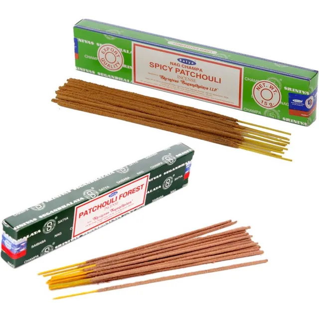 Satya Wierook cadeaus set - 2x geurstokjes - Patchouli en Patchouli Forrest geur - Meditatie Mosgroen