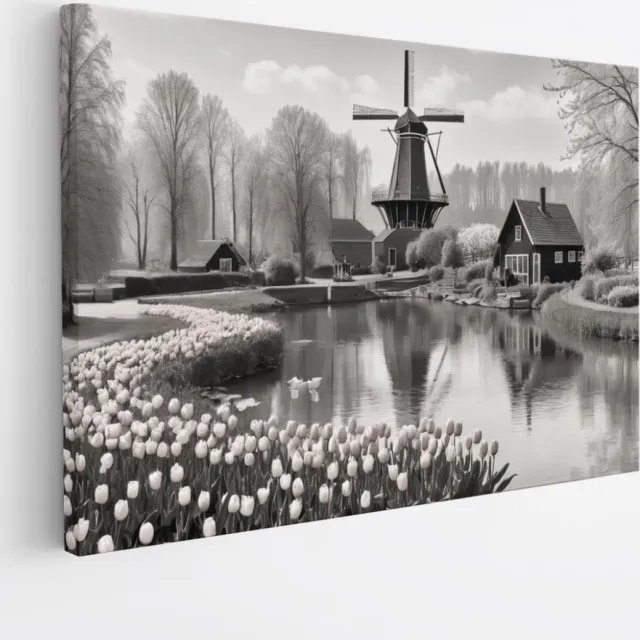 Saammp Canvas Schilderij - Landschap - Molen - Zwart-Wit - Natuur - 50x40 - Foto op canvas - Wanddecoratie - Muurdecoratie Woonkamer - Slaapkamer decoratie - Canvas Print Multicolor