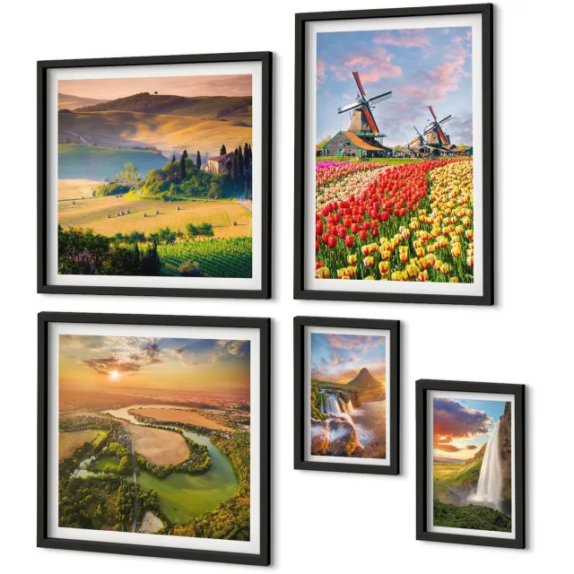 Coloray 5-Delige Schilderij Set - Natuurlijke Landschappen Met Watervallen En Windmolens Op De Achtergrond. - 50 x 50 cm, 20 x 30 cm En 40 x 60 cm - Wanddecoratie - Schilderijen Set - Interieur - Interieur Decoratie Zwarte lijst