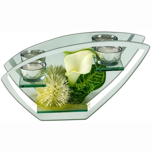 Robas Glazen decoratie met bloemen wit/groen en 2 theelichtjes