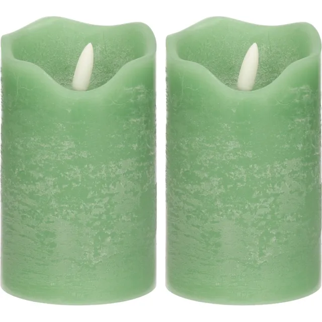 Stern fabrik LED kaars/stompkaars - 2x - mintgroen - D7,5 x H12,5 cm - timer - 3D vlam