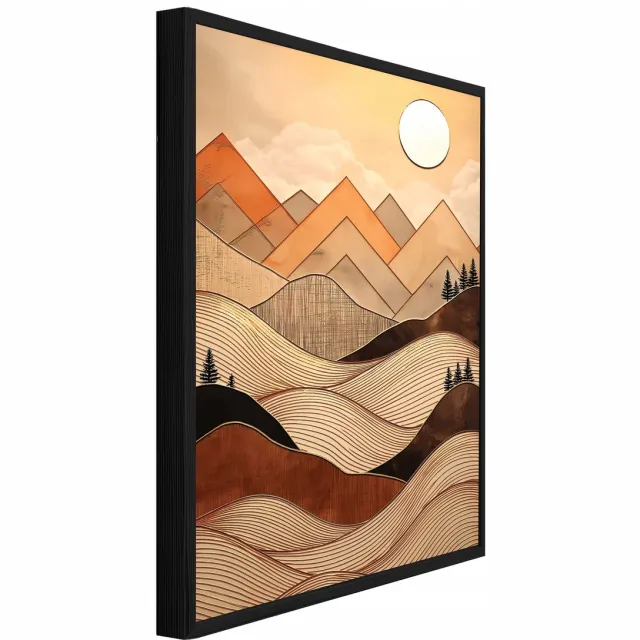 WALLARENA Schilderij met reliëf 90x60 cm - zwarte lijst - berglandschap in bohostijl - woonkamer en slaapkamer Beige