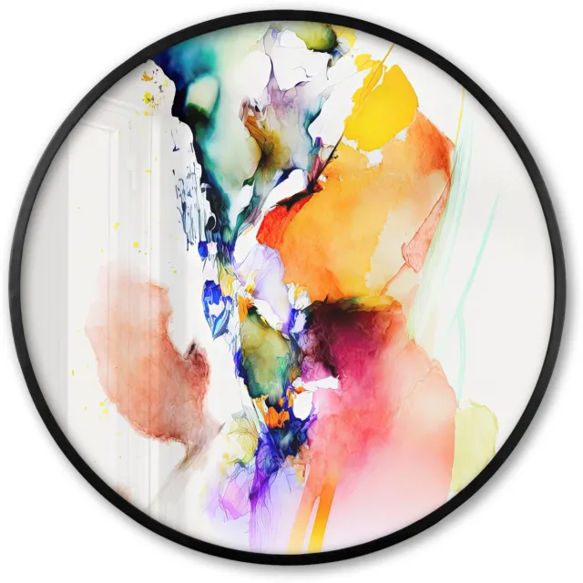 FrameYourWall Poster in lijst Rond - Fotolijst 80x80 cm - Posters - Waterverf - Regenboog - Abstract - Kunst - Ronde posterlijst zwart - Decoratie - Wanddecoratie woonkamer - Muurdecoratie slaapkamer Waterverf - Kleuren
