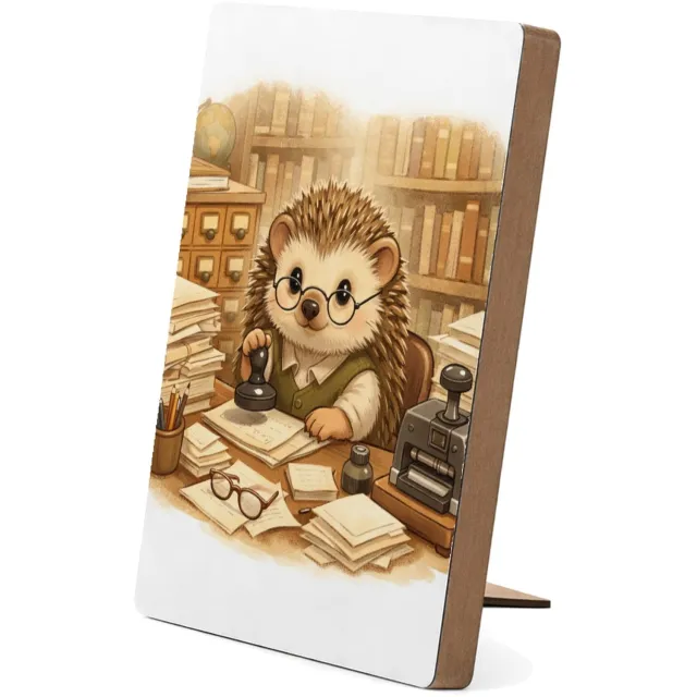 Mr Cadeautjes Glasframe/MDF 12,7 x 17,8 - design Een egel als bibliothecaris tussen hoge boekenkasten, met te | cadeau Wit