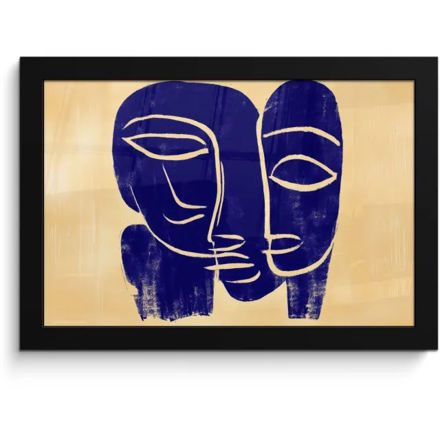 FrameYourWall Poster in lijst - Fotolijst 30x20 cm - Posters - Okergeel - Blauw - Eenvoudige lijnen - Posterlijst zwart - Decoratie - Wanddecoratie woonkamer - Muurdecoratie slaapkamer Lijnen - Gezichten