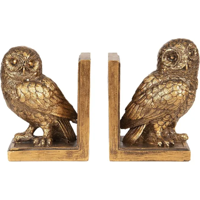 Clayre & Eef Boekensteunen Set van 2 Uil 12x8x16 cm Goudkleurig Polyresin