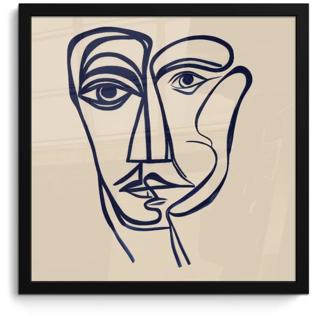 FrameYourWall Poster in lijst - Fotolijst 40x40 cm - Posters - Minimalistisch - Lijnillustratie - Beige - Donkerblauw - Posterlijst zwart - Decoratie - Wanddecoratie woonkamer - Muurdecoratie slaapkamer Lijnillustratie - Gezicht
