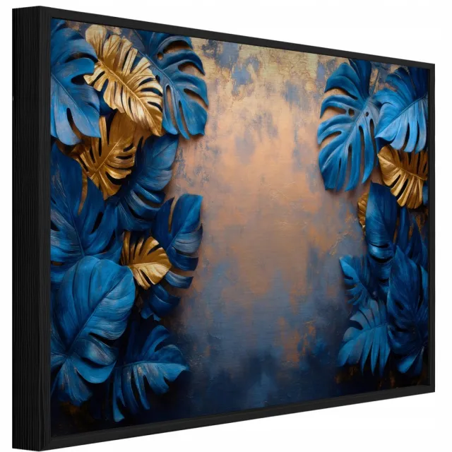 WALLARENA Schilderij op geborsteld aluminium met zwarte lijst 150x100 cm - bladeren op betonlook in loftstijl - wanddecoratie voor woonkamer en slaapkamer Blauw