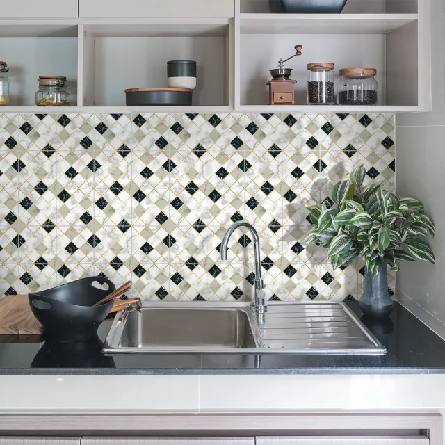 Ambiance Sticker Zelfklevende tegelmuurstickers voor keuken en badkamer - 24 witte, beige en zwarte tegelstickers met marmerlook - 24 stickers, 15x15cm Multi color