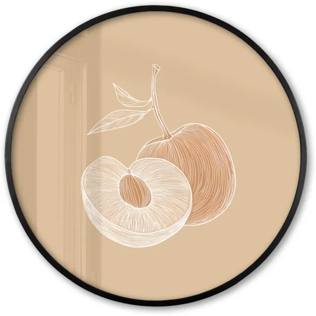 FrameYourWall Poster in lijst Rond - Fotolijst 80x80 cm - Posters - Perzik - Lijntekening - Pit - Beige - Ronde posterlijst zwart - Decoratie - Wanddecoratie woonkamer - Muurdecoratie slaapkamer