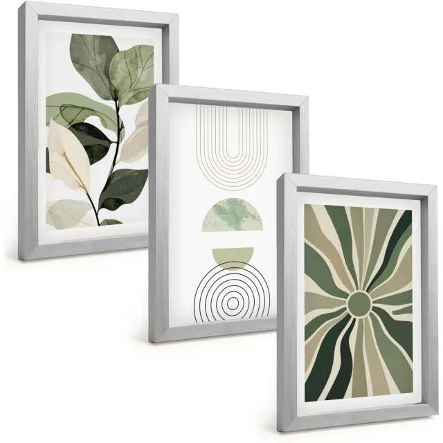 TULUP 4-Delige Schilderij Set - Plantmotieven met geometrische vormen in groen - 20 x 30 cm - Decoratieve Muurdecoratie - Slaapkamer - Wanddecoratie Zilveren lijst