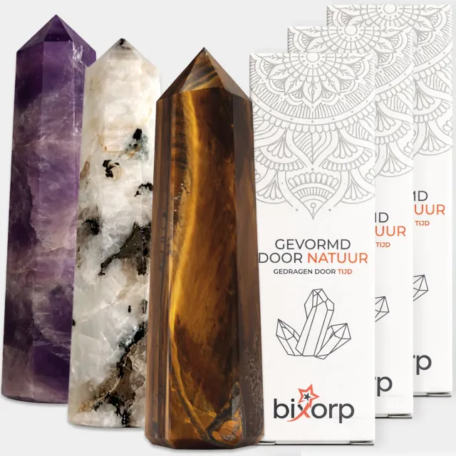 Bixorp Gems Edelsteen Punt set met Maansteen + Amethist + Tijgeroog - Edelstenen Obelisk - Decoratieve Toren van 100% Natuurlijke Edelsteen - 6 tot 8cm *Bundel Maansteen + Amethist + Tijgeroog