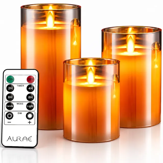Aurae Led Kaarsen met Bewegende Vlam - 3x - Echte Wax - Afstandsbediening - 250+ branduren - op Batterijen - Flikkerende Vlam - Timer - Kerst Kaarsen Amber • Bewegende Vlam