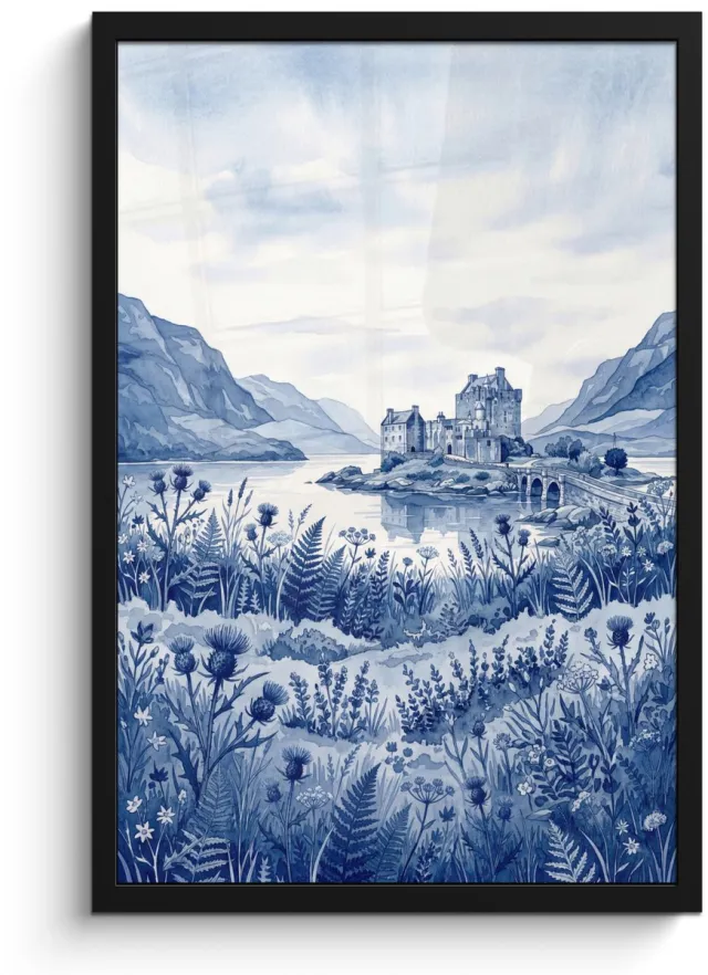 FrameYourWall Poster in lijst - Fotolijst 40x60 cm - Posters - Schots - Kasteel - Blauw - Aquarel - Posterlijst zwart - Decoratie - Wanddecoratie woonkamer - Muurdecoratie slaapkamer