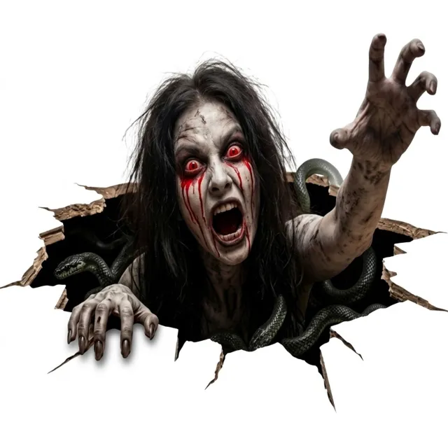 NUVEX Zwart grijs rode Halloween muursticker – enge vrouwelijke geest met slangen en rode ogen – 2D horror sticker met gescheurde muur effect – zelfklevende wanddecoratie – Halloween decoratie
