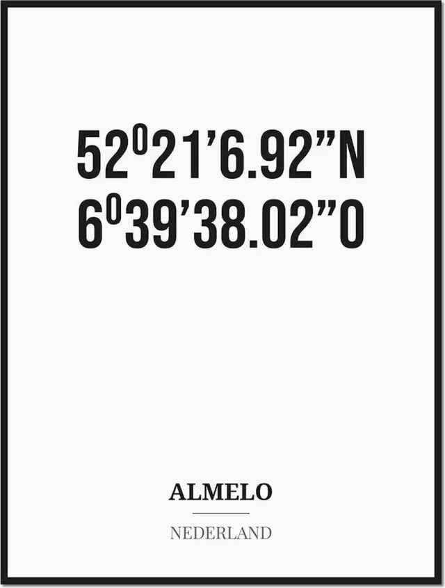 Studio216 Poster/kaart ALMELO met coördinaten zwart, wit