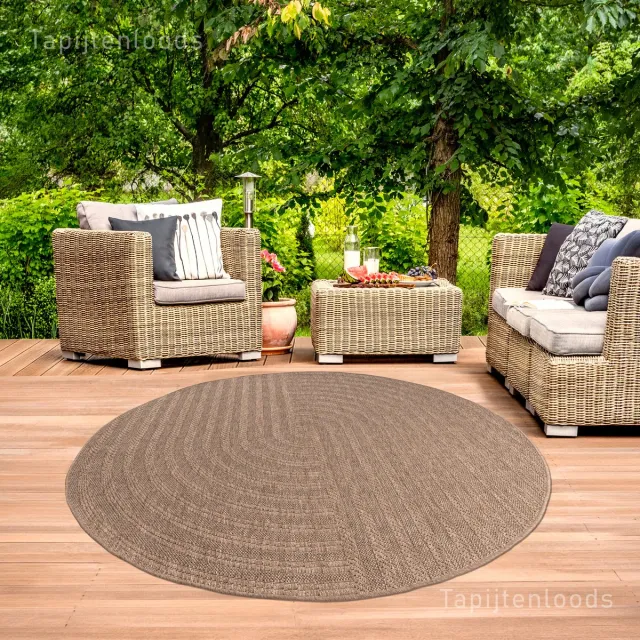 Muratap Sahara Japandi Rond Buitenkleed Jute-Look Weerbestendig Vloerkleed Beige Zwart