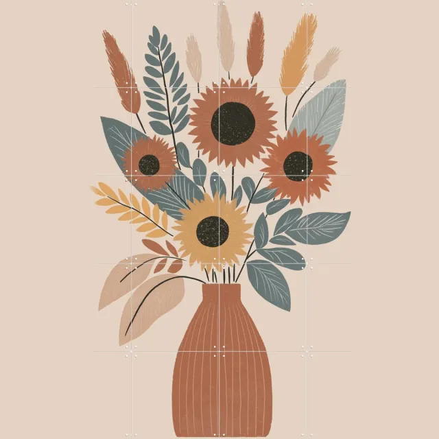 IXXI Boho Sunflowers, Katarzyna Gąsiorowska & Various - 80 x 100 cm - Grote wanddecoratie en posters - Illustraties, Kleurrijk, Grafisch Ontwerp Beige / Bruin