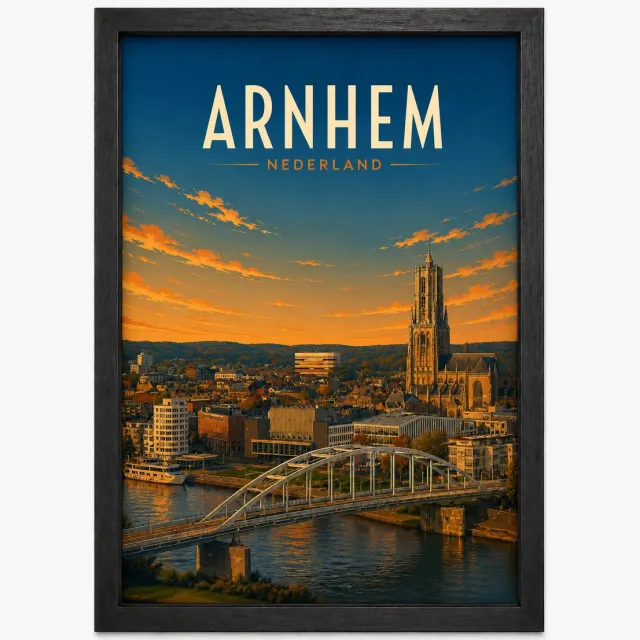 Joshimo Arnhem Poster | Retro Stadsillustratie Skyline | Inclusief Zwarte A4 Lijst