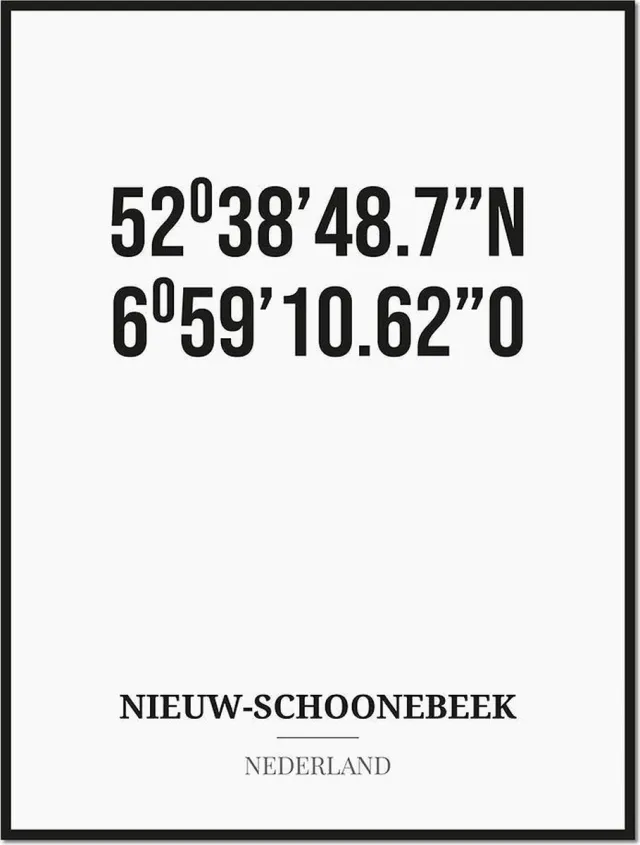 Studio216 Poster/kaart NIEUW-SCHOONEBEEK met coördinaten zwart, wit