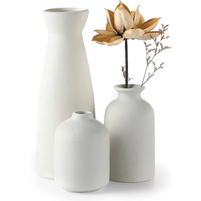 PolkaHome white keramische vazen, set van 3 kleine bloemenvazen voor decoratie, moderne rustieke woondecoratie op de boerderij, decoratieve vazen voor pampagras en gedroogde bloemen, ideeënplank, tafel, boekenplank, schoorsteenmantel wit