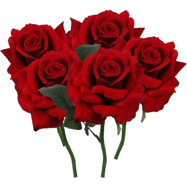 Bellatio Flowers & Plants Top Art Kunstbloem Roos de luxe - 5x - rood - 30 cm - kunststof steel - decoratie bloemen