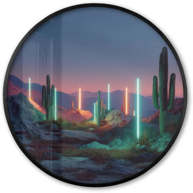 FrameYourWall Poster in lijst Rond - Fotolijst 80x80 cm - Posters - Cactus - Lichtzuilen - Zonsondergang - Ronde posterlijst zwart - Decoratie - Wanddecoratie woonkamer - Muurdecoratie slaapkamer