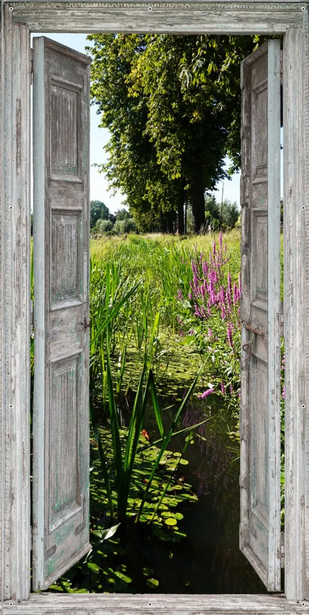 D&C Collection tuinposter - 85x170 cm - deuren sloot waterplanten - doorkijk - deurposter voor buiten - tuinpoort multi