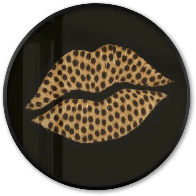 FrameYourWall Poster in lijst Rond - Fotolijst 80x80 cm - Posters - lip - Zwart - Panterprint - Ronde posterlijst zwart - Decoratie - Wanddecoratie woonkamer - Muurdecoratie slaapkamer