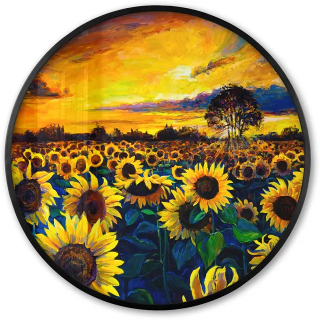 FrameYourWall Poster in lijst Rond - Fotolijst 60x60 cm - Posters - Schilderij - Olieverf - Bloemen - Zonnebloem - Ronde posterlijst zwart - Decoratie - Wanddecoratie woonkamer - Muurdecoratie slaapkamer Zonnebloemen - Verf