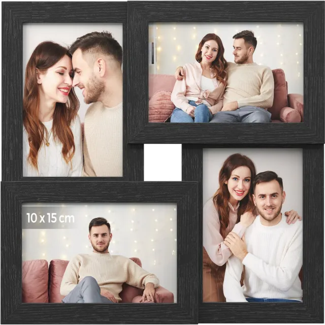 Songmics Lijst - Fotolijst - Fotolijst Collage voor 4 Foto's - Met Glazen Plaat - Wandmontage Zwart