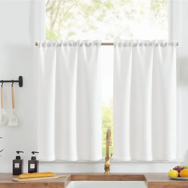 Ibenzoa Vitrage set van 2 voor keukenramen met linnenlook, wit, 70 x 115 cm
