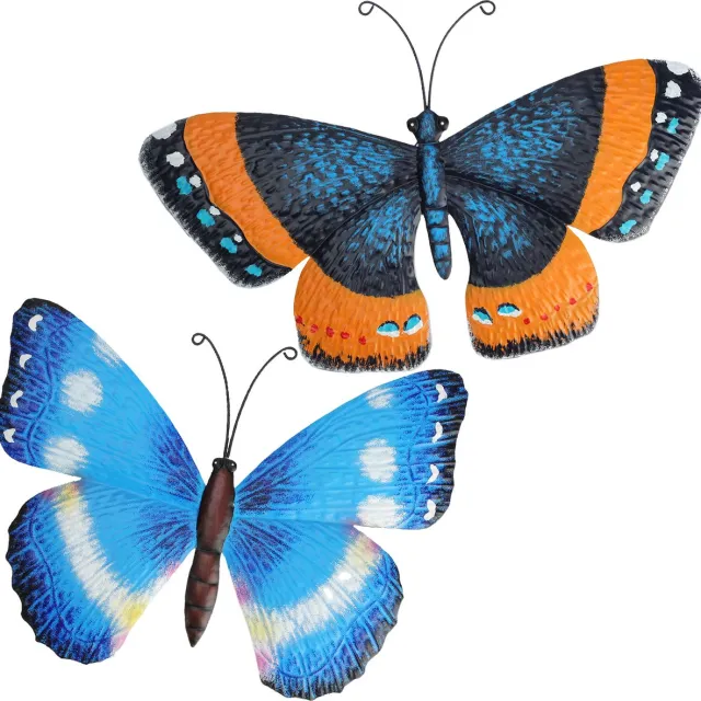 Pro Garden Tuin/wand decoratie muurvlinders - set 2x - metaal - blauw - 31 x 23 cm