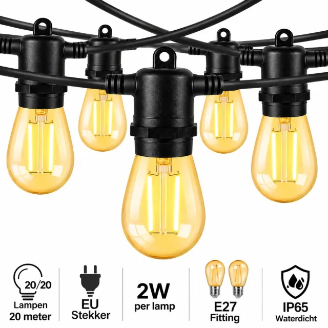 Wantohave Lichtsnoer Feestverlichting Buiten - 20 Meter - 20 LED Filament Lampen - E27 Fitting - 2W - Warm Wit - IP65