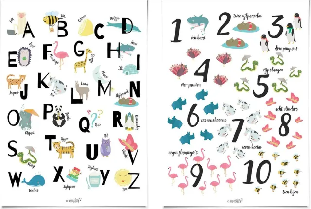 Monstars Posterset: Alfabet en Cijfer Poster 30x40 cm kleurrijk