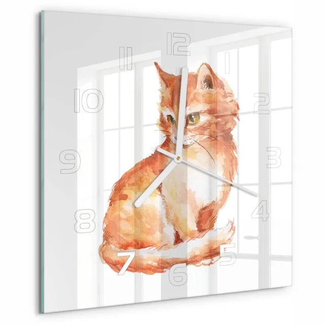 TULUP Wandklok - Rode Kat Glazen Klok Met Print - 30x30 cm - Oranje Wandklok Glas Met Motief - Witte handen - Vierkante Klok - Wandklok Glas Decoratie - Gekleurde Glazen Klok