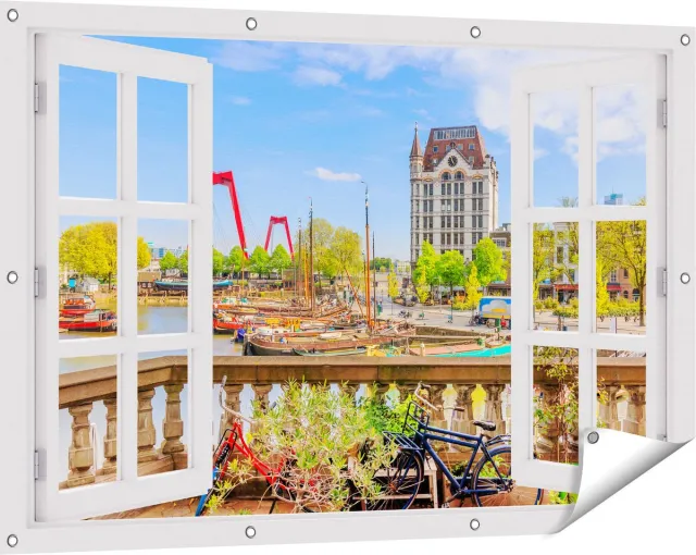 Gards Tuinposter Doorkijk Kleurrijke Oude Haven in Rotterdam - 120x80 cm - Tuindoek - Tuindecoratie - Wanddecoratie buiten - Tuinschilderij Wit
