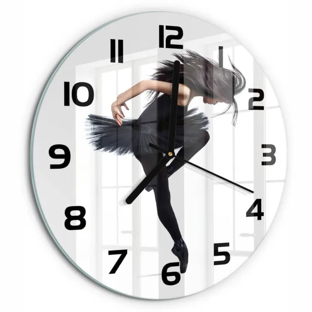 TULUP Wandklok - Ballerina Decoratieve Glazen Klok - fi30 cm - Zwart Glazen Wandklok Design - Zwarte handen - Ronde Klok - Glazen Klok Met Print - Wandklok Glas Met Motief